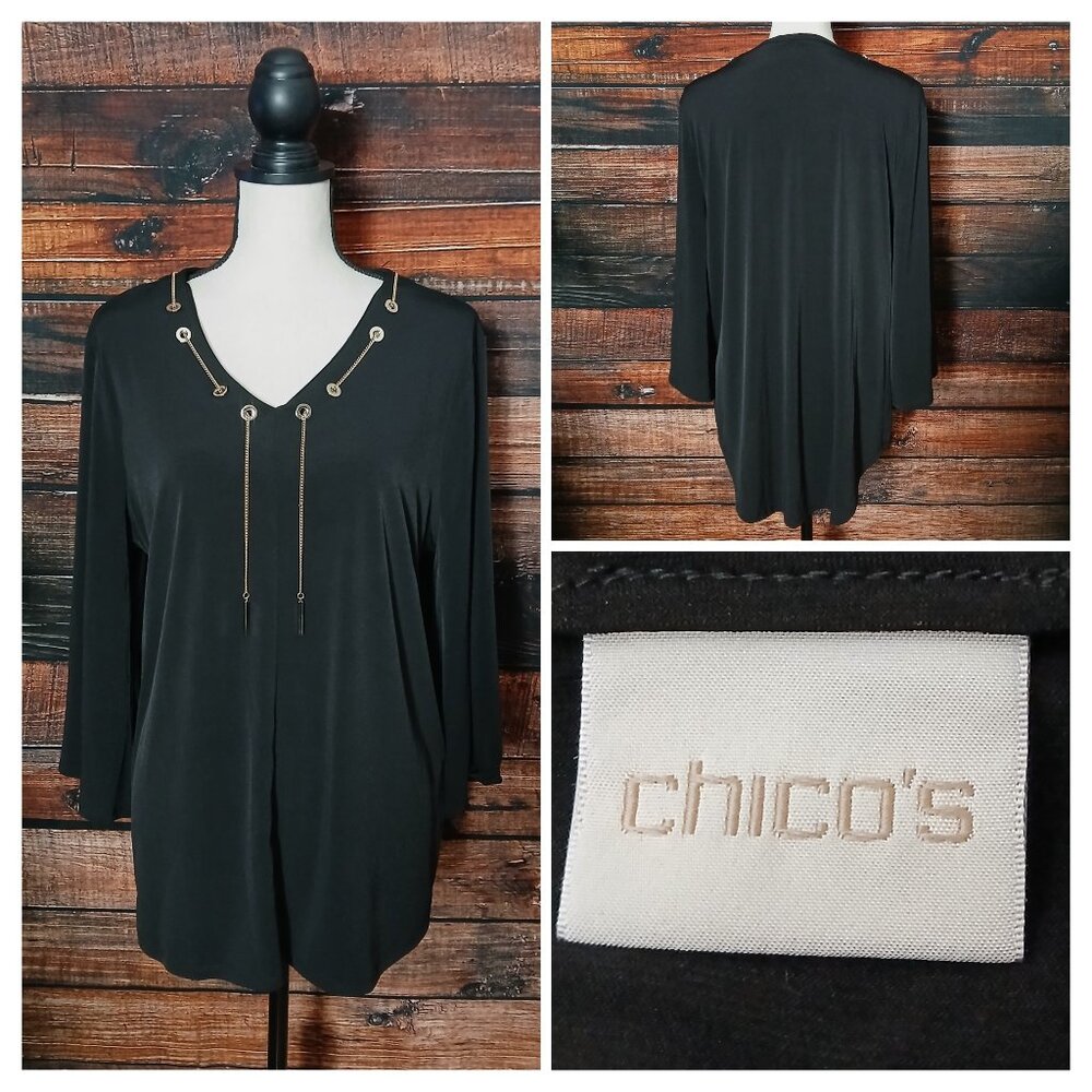 Chicos Top Size 2 US 12 Black Grommet Chain Neckline Flared Sleeve Flowy Stretch